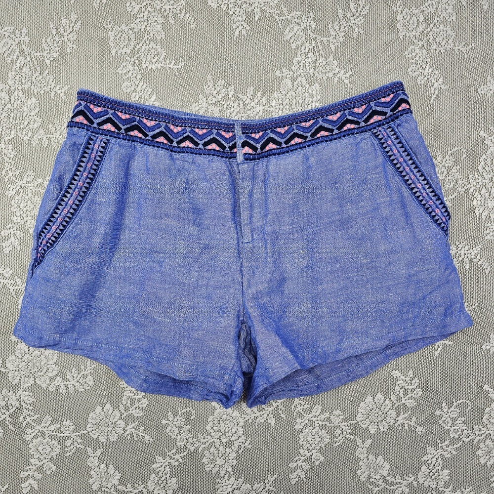 Vineyard Vines Linen Blend Shorts Women's 10 Embroidered Elastic Waist Blue Boho